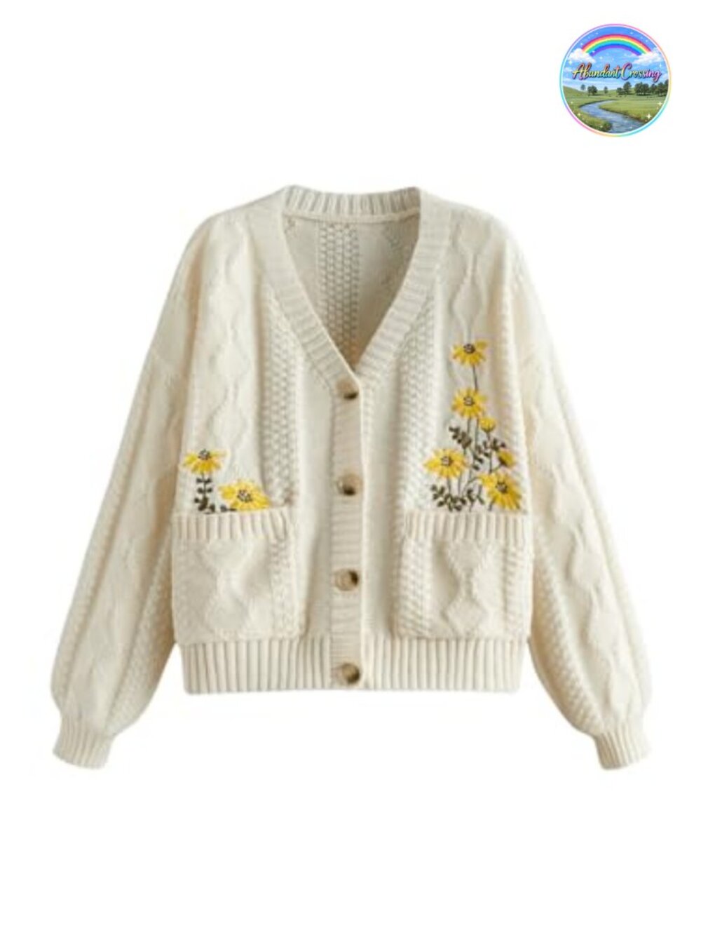Women's Chunky Boho Oversized Cardigan with Flower Embroidery & Button Closure